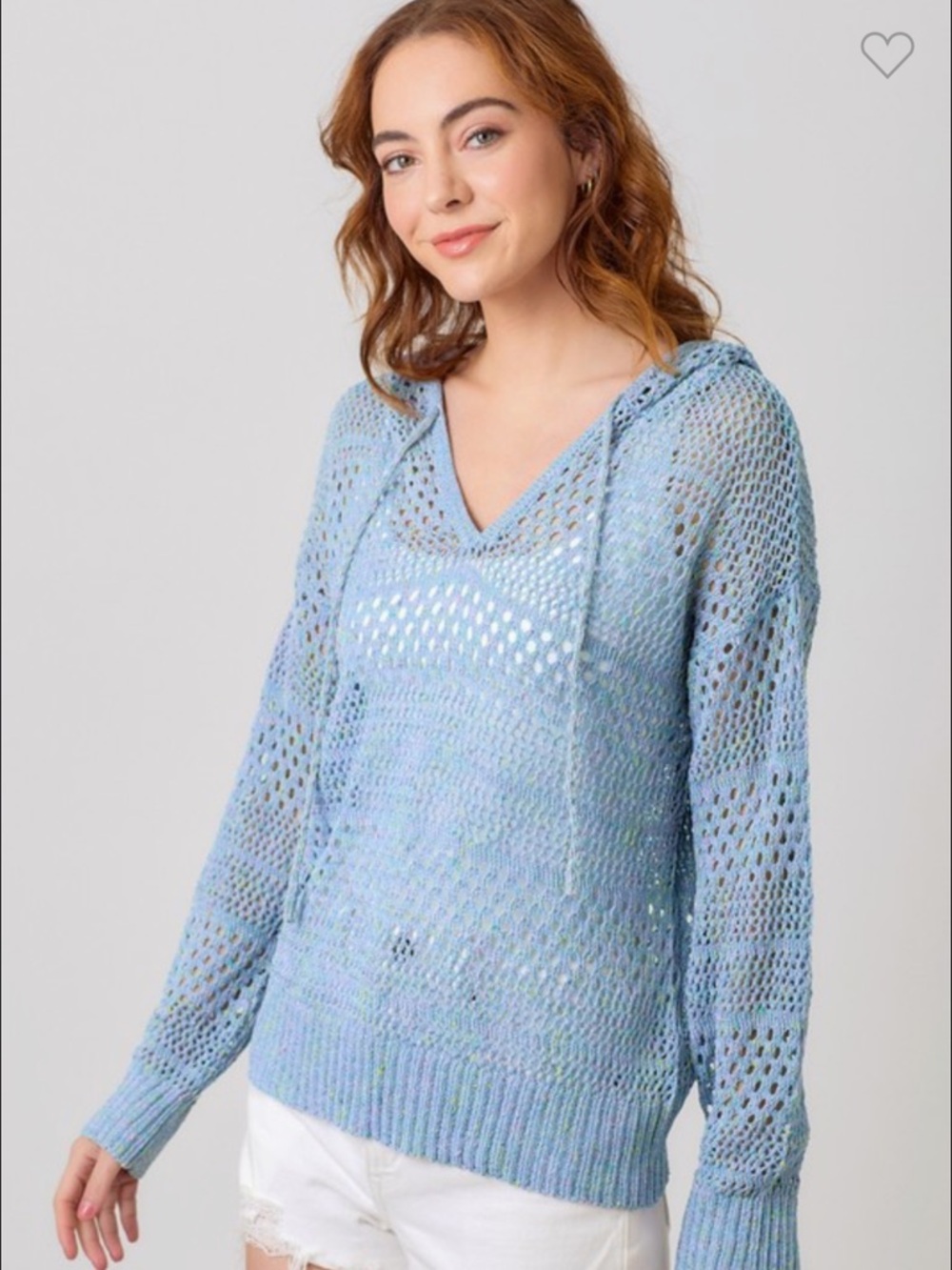 Light Blue Open-Knit V-Neck Hoodie Sweater